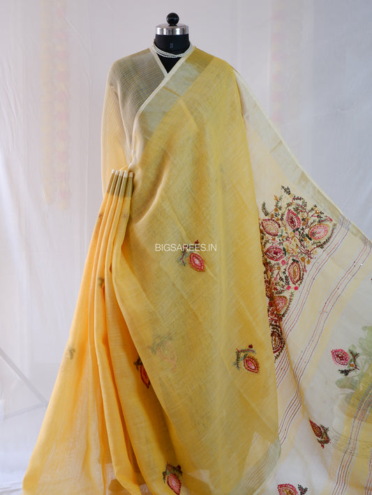 Bullion Knot Hand-Embroidered Saree | Cotton Linen | Yellow