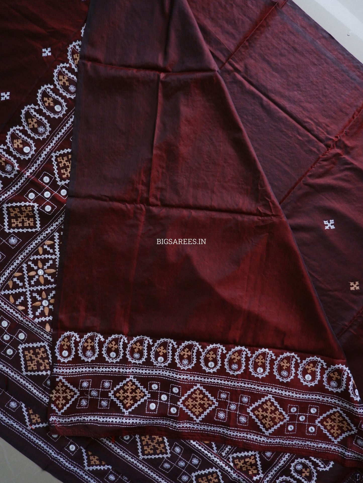 Kutchi/Gujarati Hand Embroidered Saree  | Blended Bangalore Silk / Art Silk | Maroon