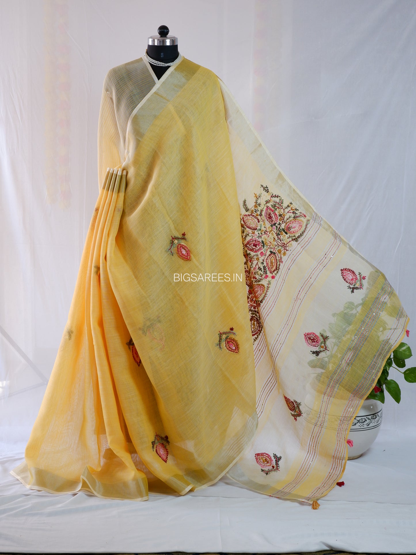 Bullion Knot Hand-Embroidered Saree | Cotton Linen | Yellow