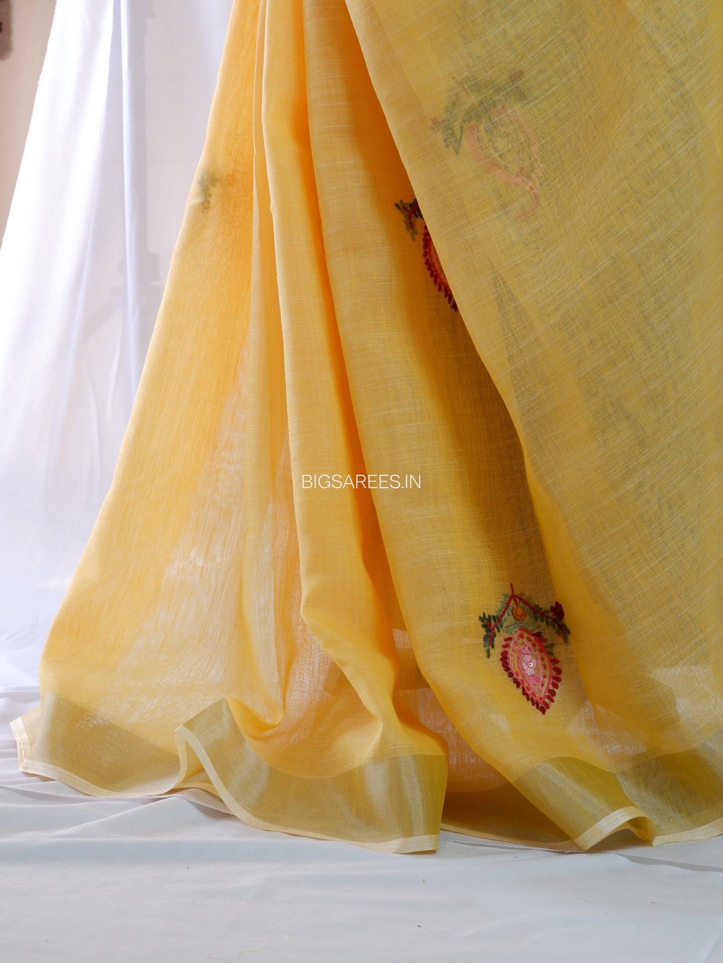 Bullion Knot Hand-Embroidered Saree | Cotton Linen | Yellow
