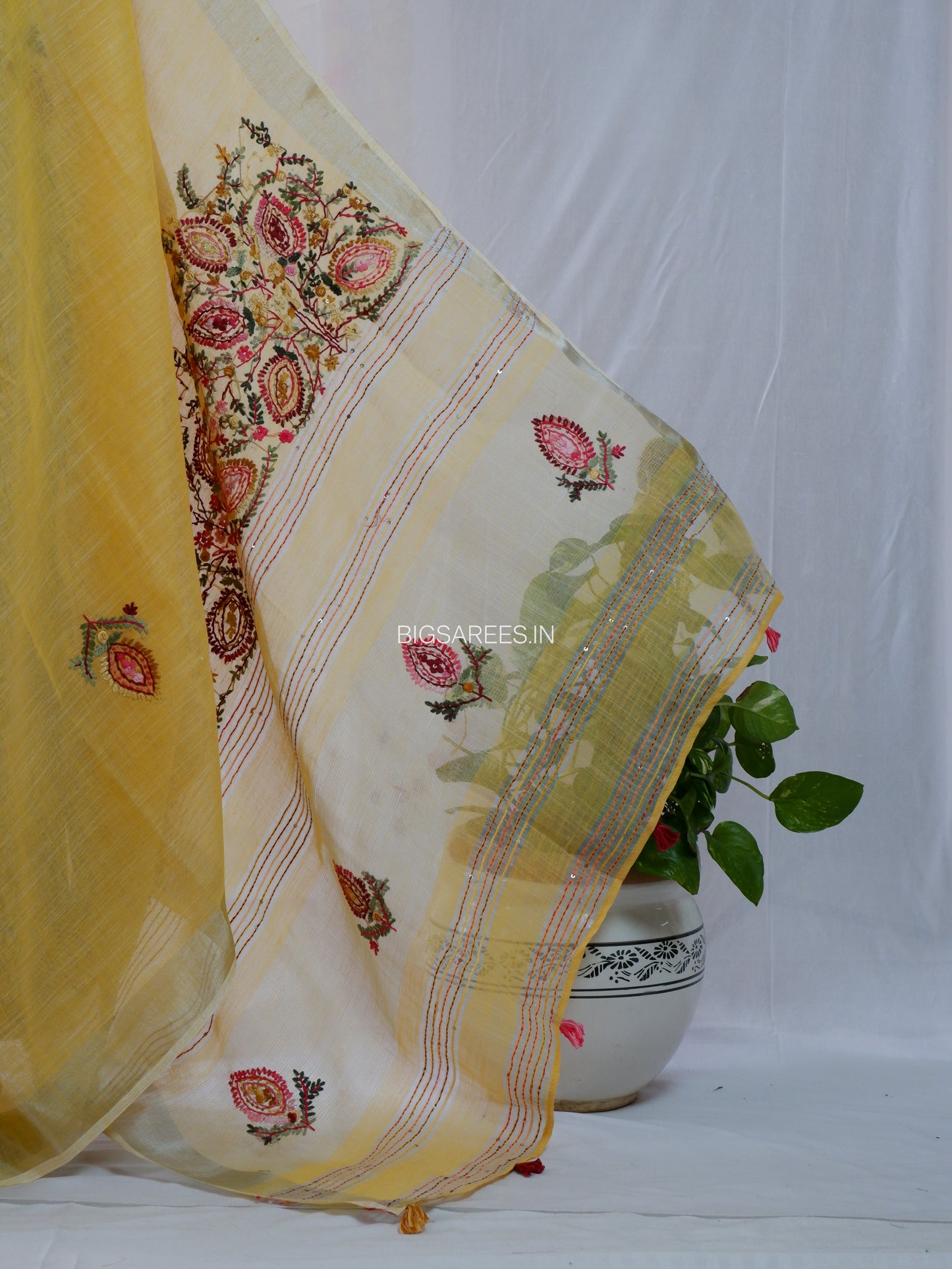 Bullion Knot Hand-Embroidered Saree | Cotton Linen | Yellow
