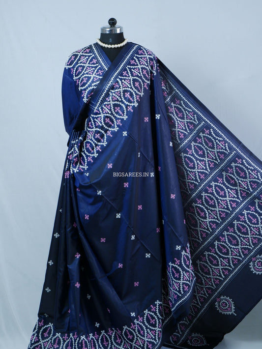 Kutchi/Gujarati Hand Embroidered Saree  | Blended Bangalore Silk / Art Silk | Dark Navy Blue
