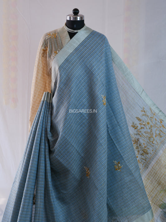 Bullion Knot Hand-Embroidered Saree | Kota Tissue | Double Thread Work | Light Blue