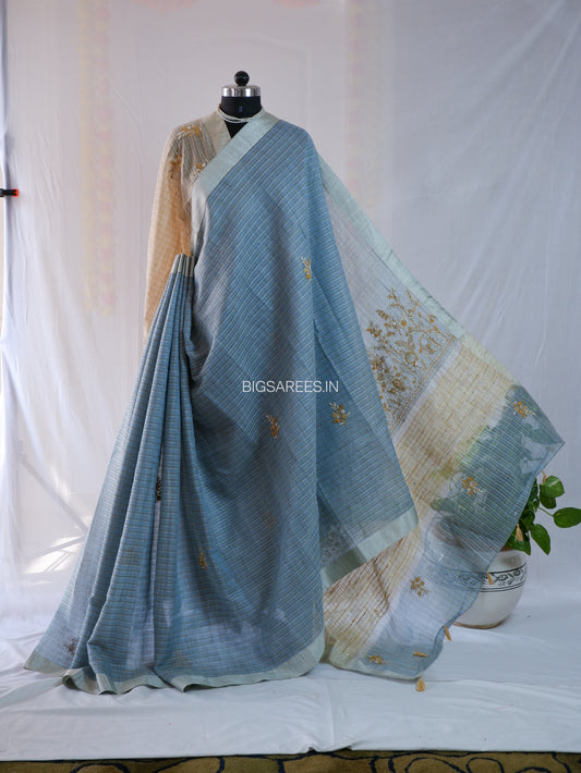 Bullion Knot Hand-Embroidered Saree | Kota Tissue | Double Thread Work | Light Blue