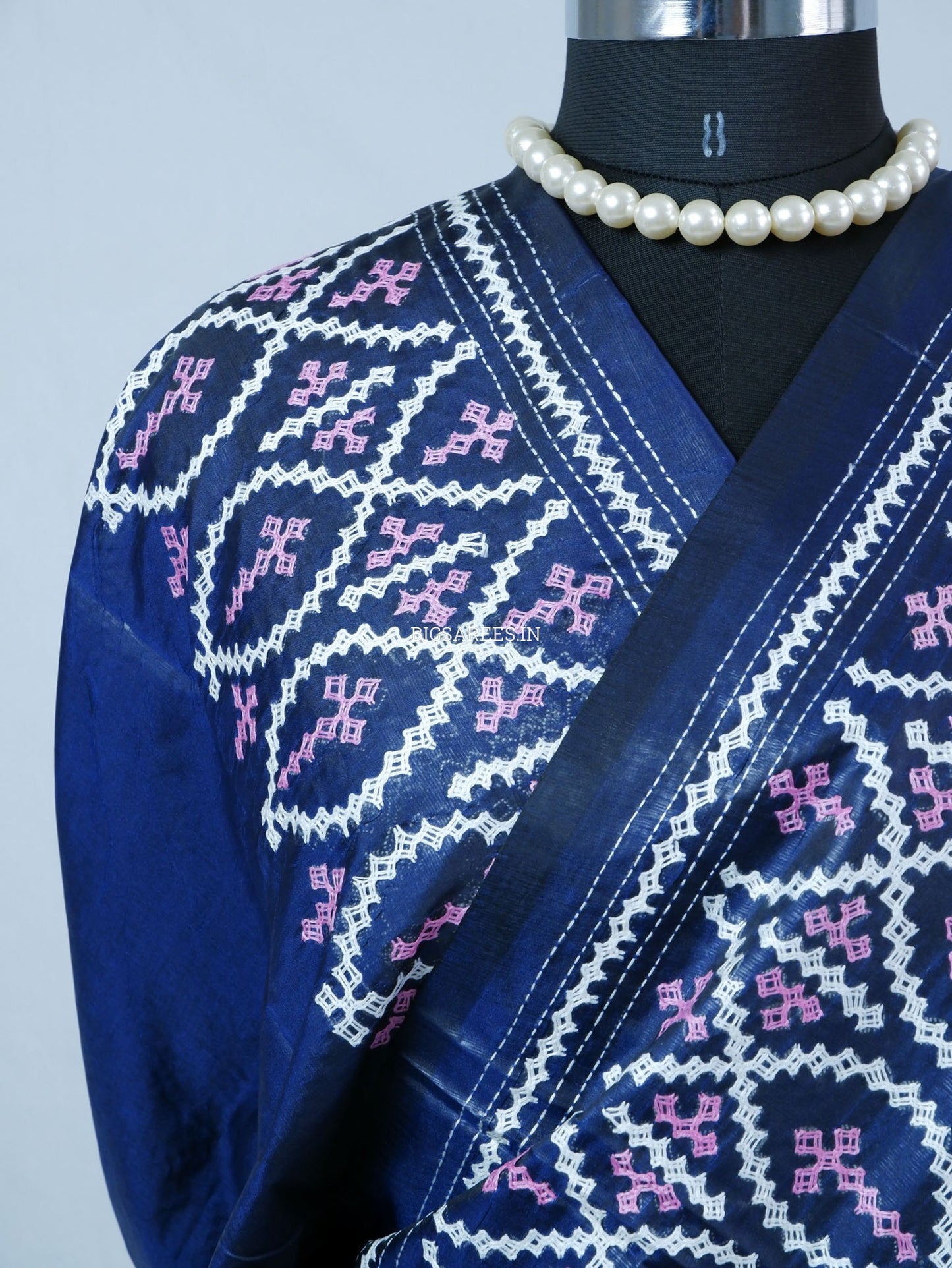 Kutchi/Gujarati Hand Embroidered Saree  | Blended Bangalore Silk / Art Silk | Dark Navy Blue