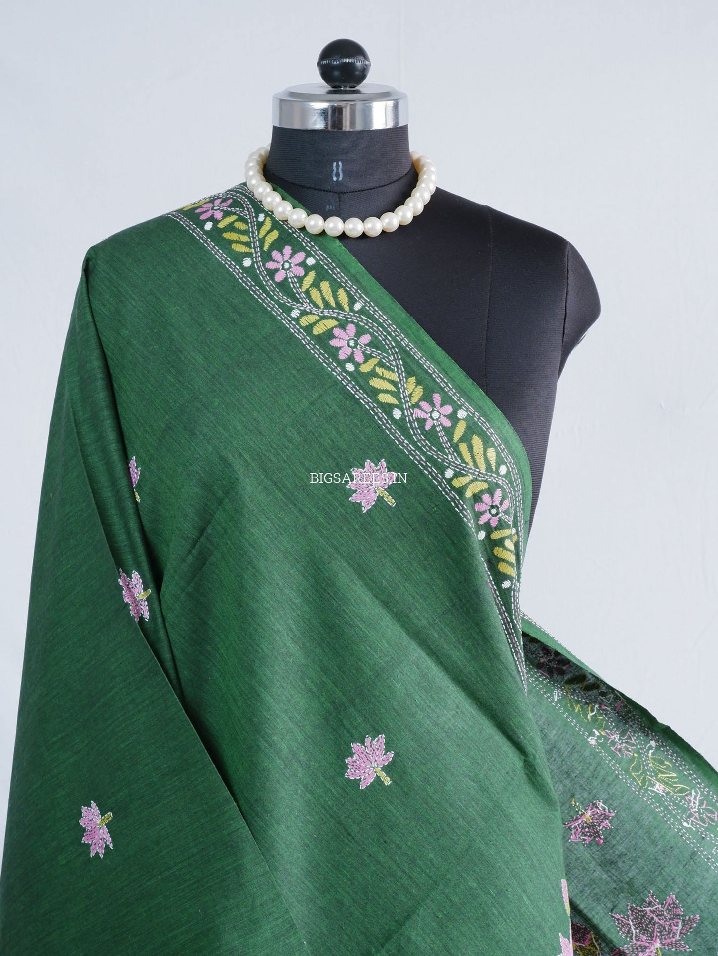 Hand-Embroidered Kantha Stitch Dupatta | Khadi Cotton | Dark Green