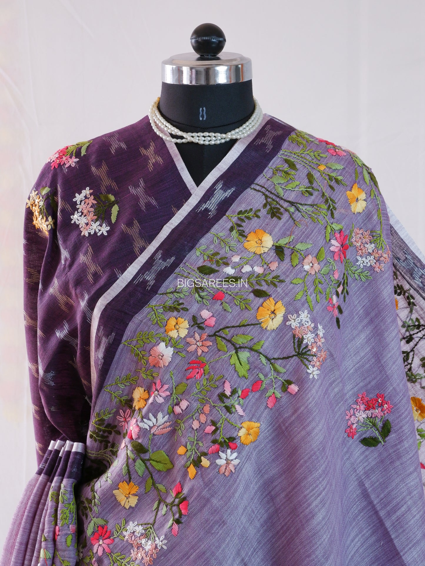 Bullion Knot Hand-Embroidered Saree | Khadi Linen | Parsi Needlework | Purple