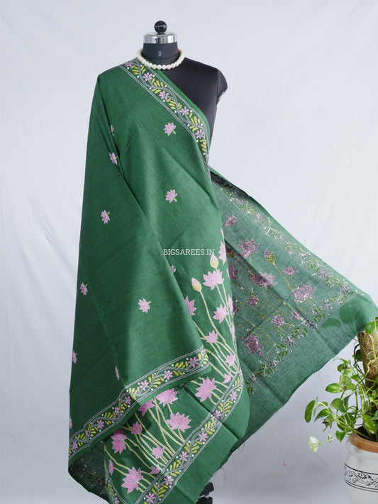 Hand-Embroidered Kantha Stitch Dupatta | Khadi Cotton | Dark Green