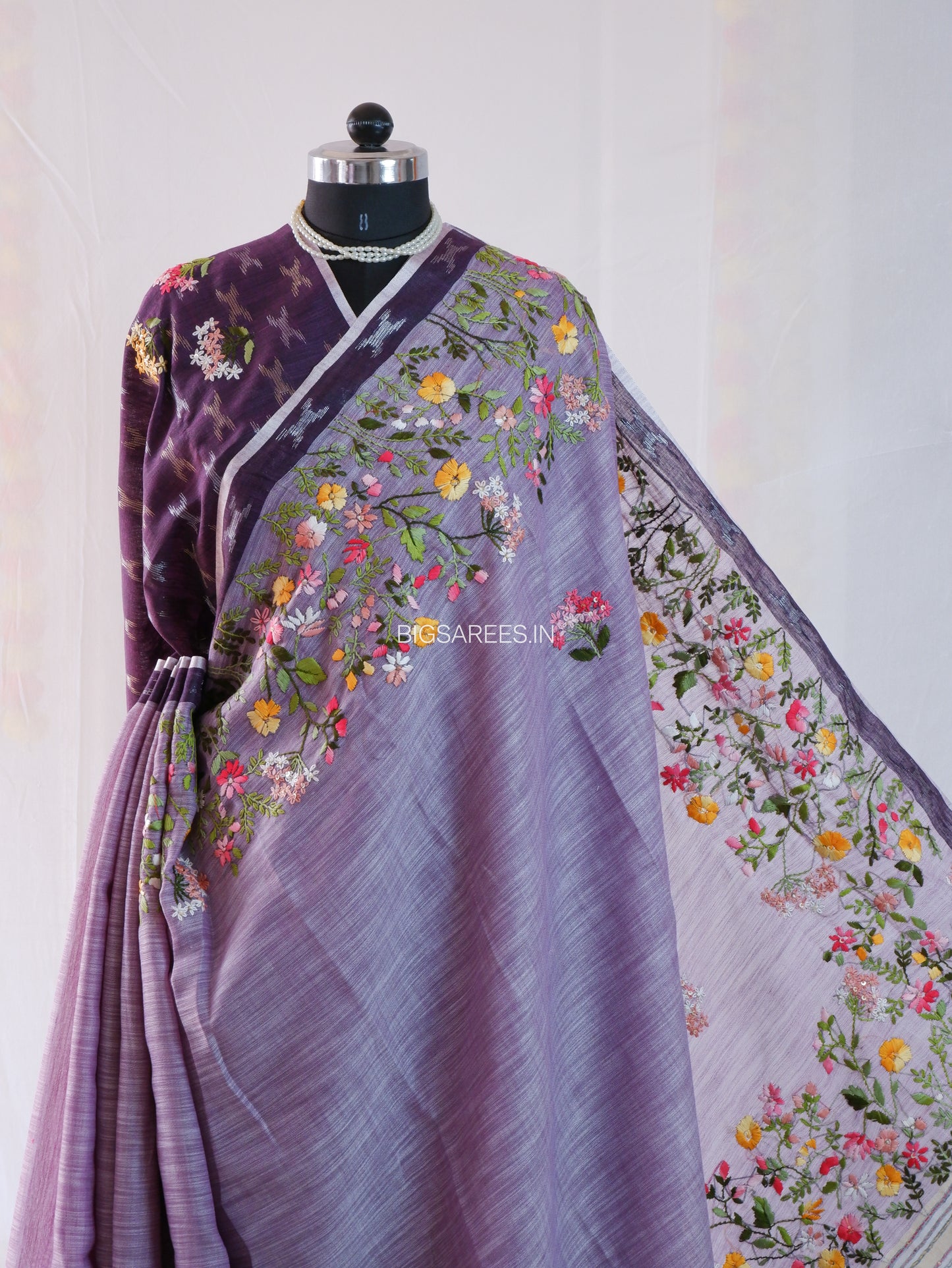Bullion Knot Hand-Embroidered Saree | Khadi Linen | Parsi Needlework | Purple