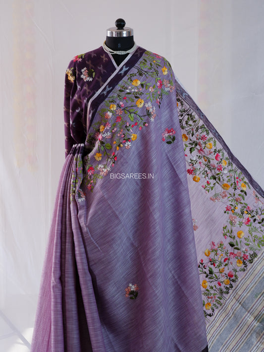Bullion Knot Hand-Embroidered Saree | Khadi Linen | Parsi Needlework | Purple