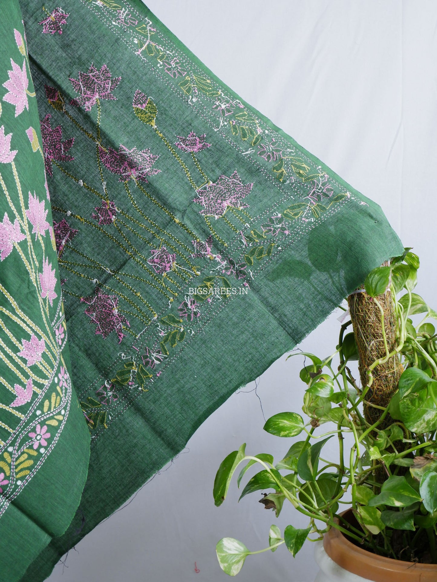 Hand-Embroidered Kantha Stitch Dupatta | Khadi Cotton | Dark Green