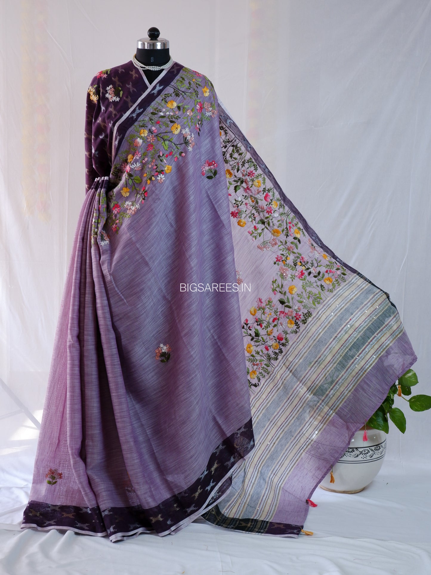 Bullion Knot Hand-Embroidered Saree | Khadi Linen | Parsi Needlework | Purple