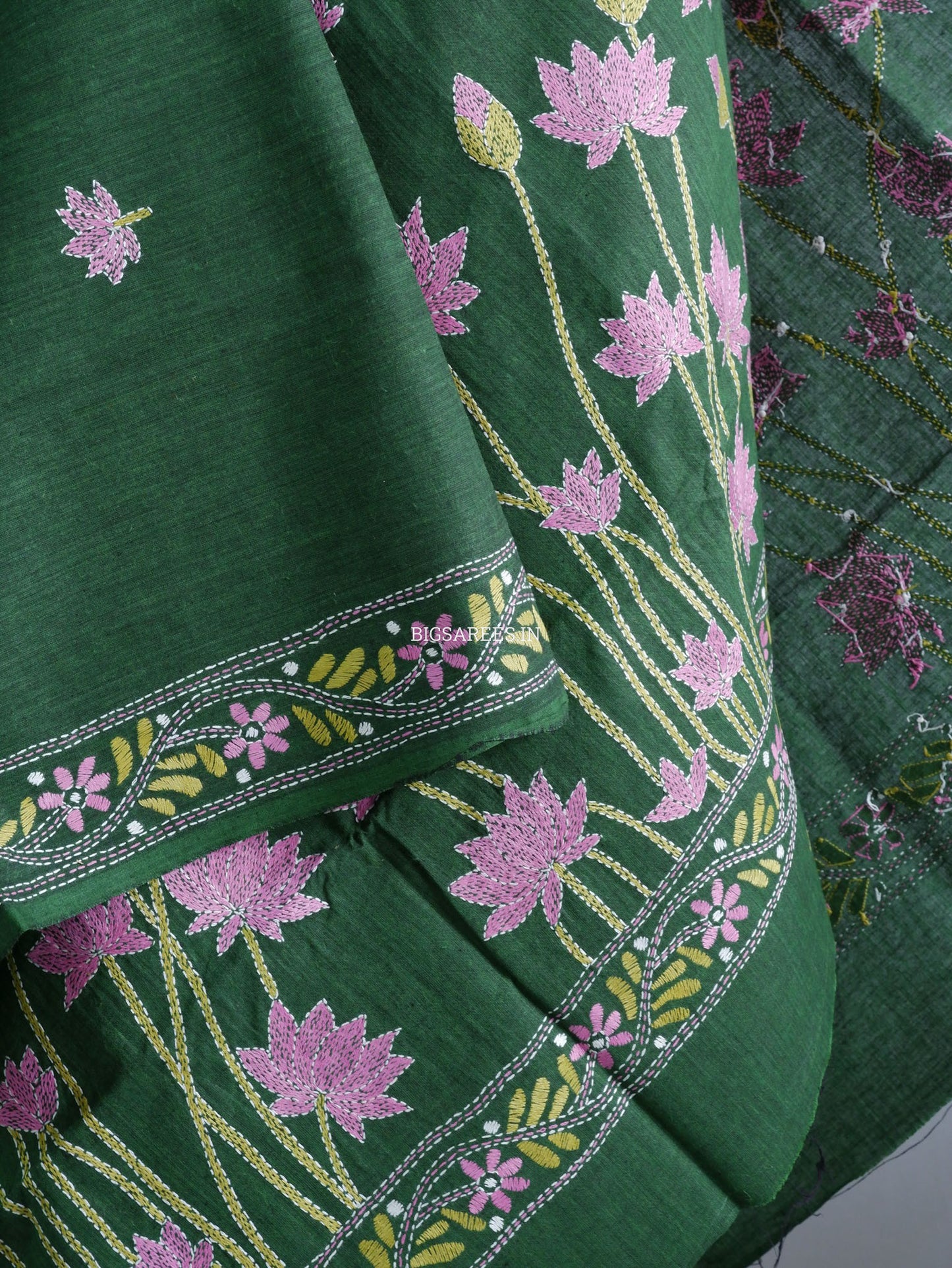 Hand-Embroidered Kantha Stitch Dupatta | Khadi Cotton | Dark Green