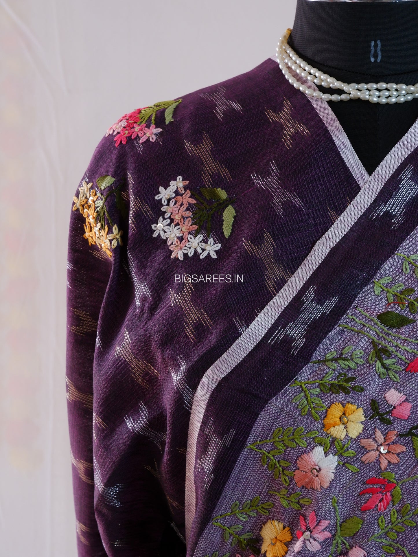 Bullion Knot Hand-Embroidered Saree | Khadi Linen | Parsi Needlework | Purple