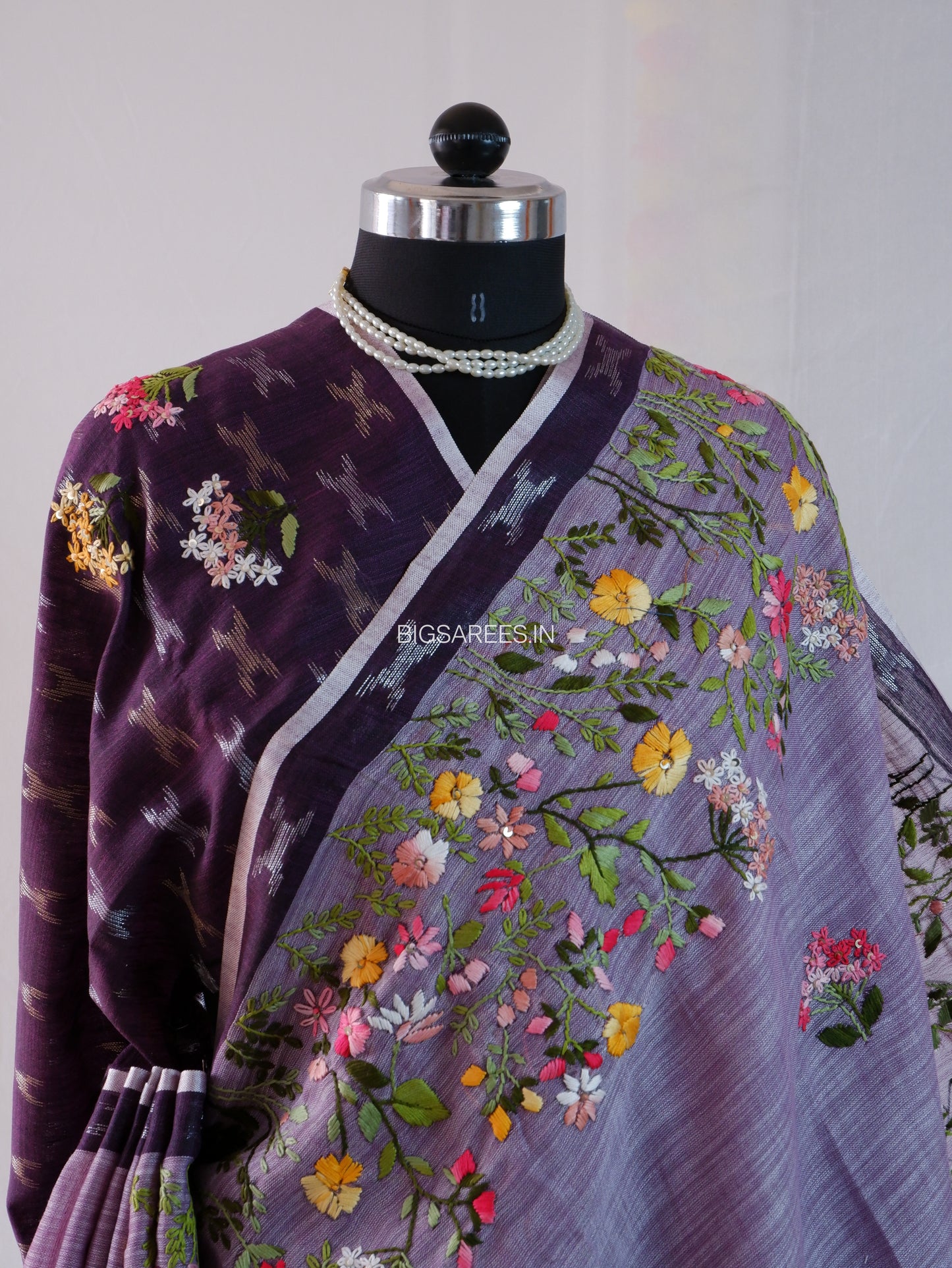 Bullion Knot Hand-Embroidered Saree | Khadi Linen | Parsi Needlework | Purple