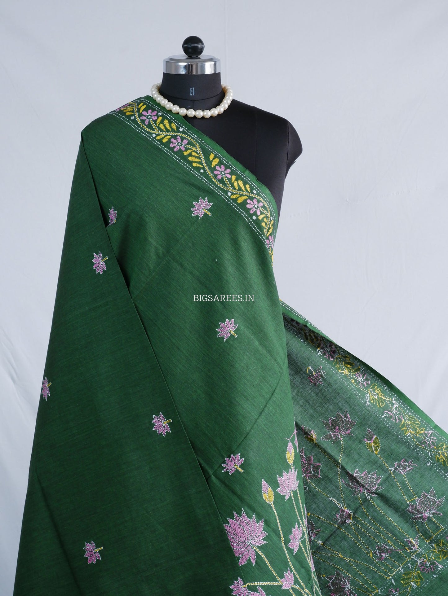 Hand-Embroidered Kantha Stitch Dupatta | Khadi Cotton | Dark Green