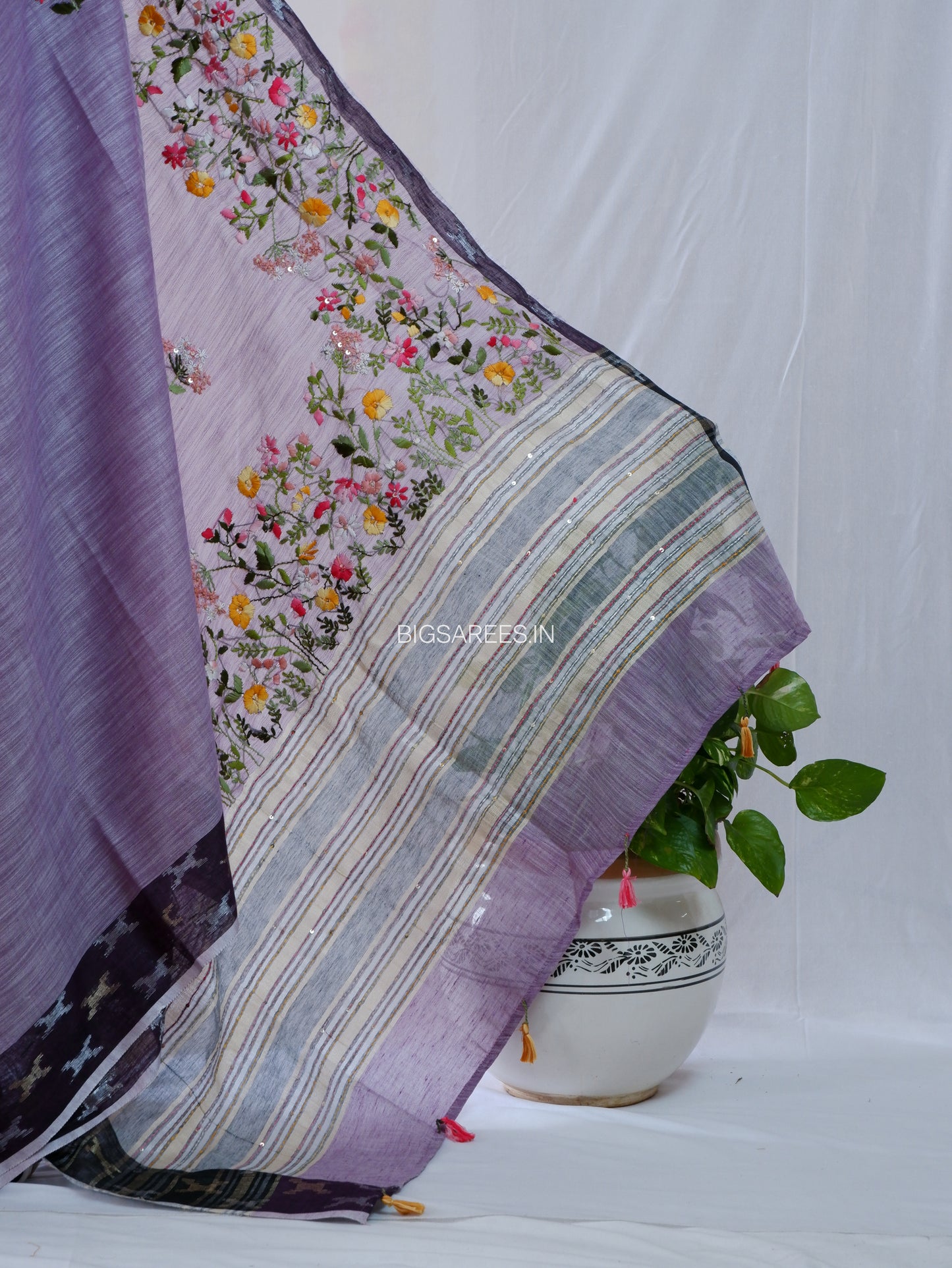 Bullion Knot Hand-Embroidered Saree | Khadi Linen | Parsi Needlework | Purple