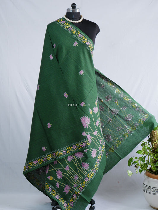 Hand-Embroidered Kantha Stitch Dupatta | Khadi Cotton | Dark Green