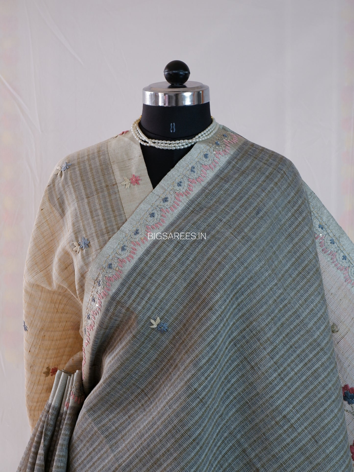 Bullion Knot Hand-Embroidered Saree | Kota Tissue | Double Thread Work | Grey