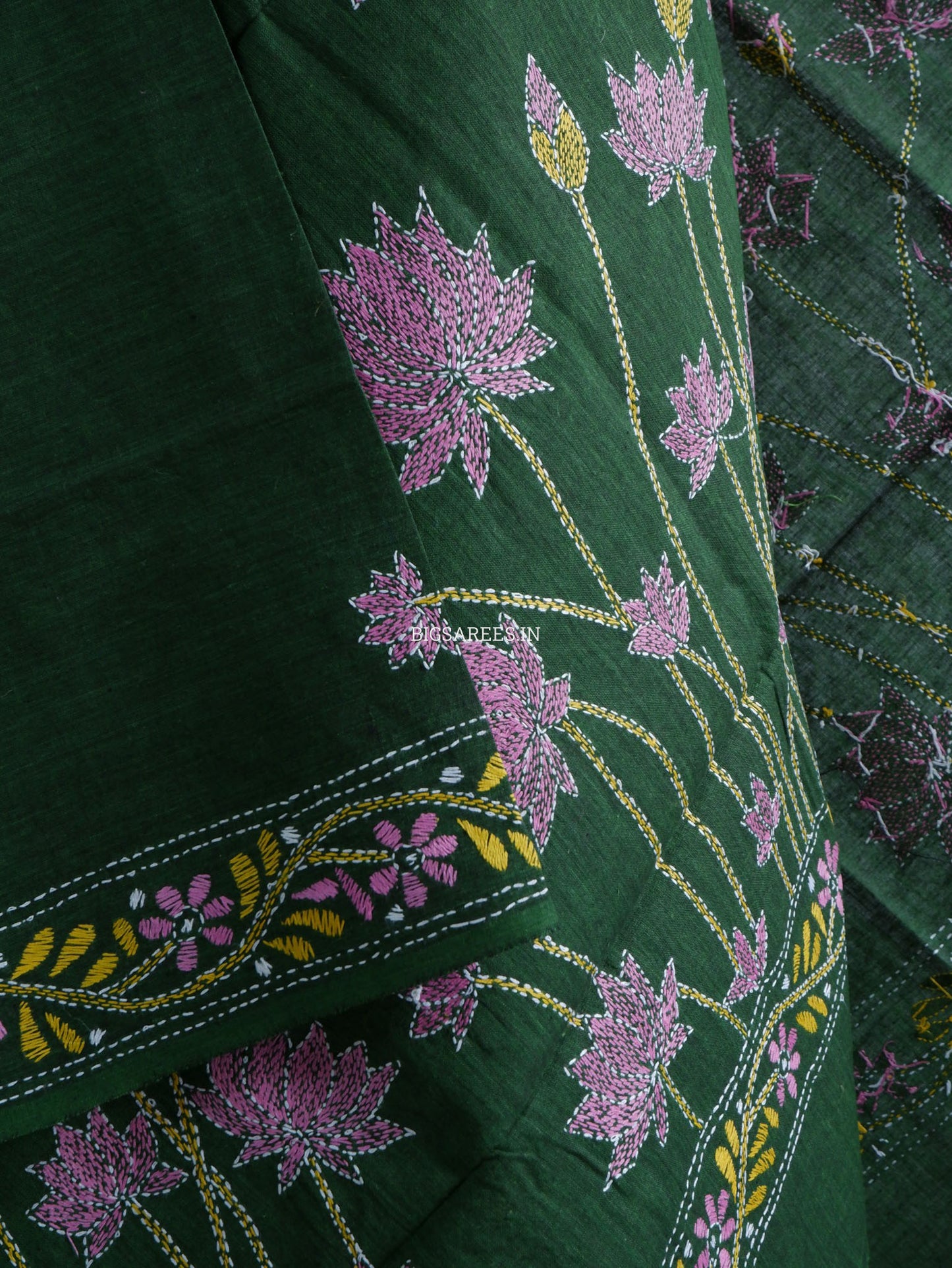 Hand-Embroidered Kantha Stitch Dupatta | Khadi Cotton | Dark Green