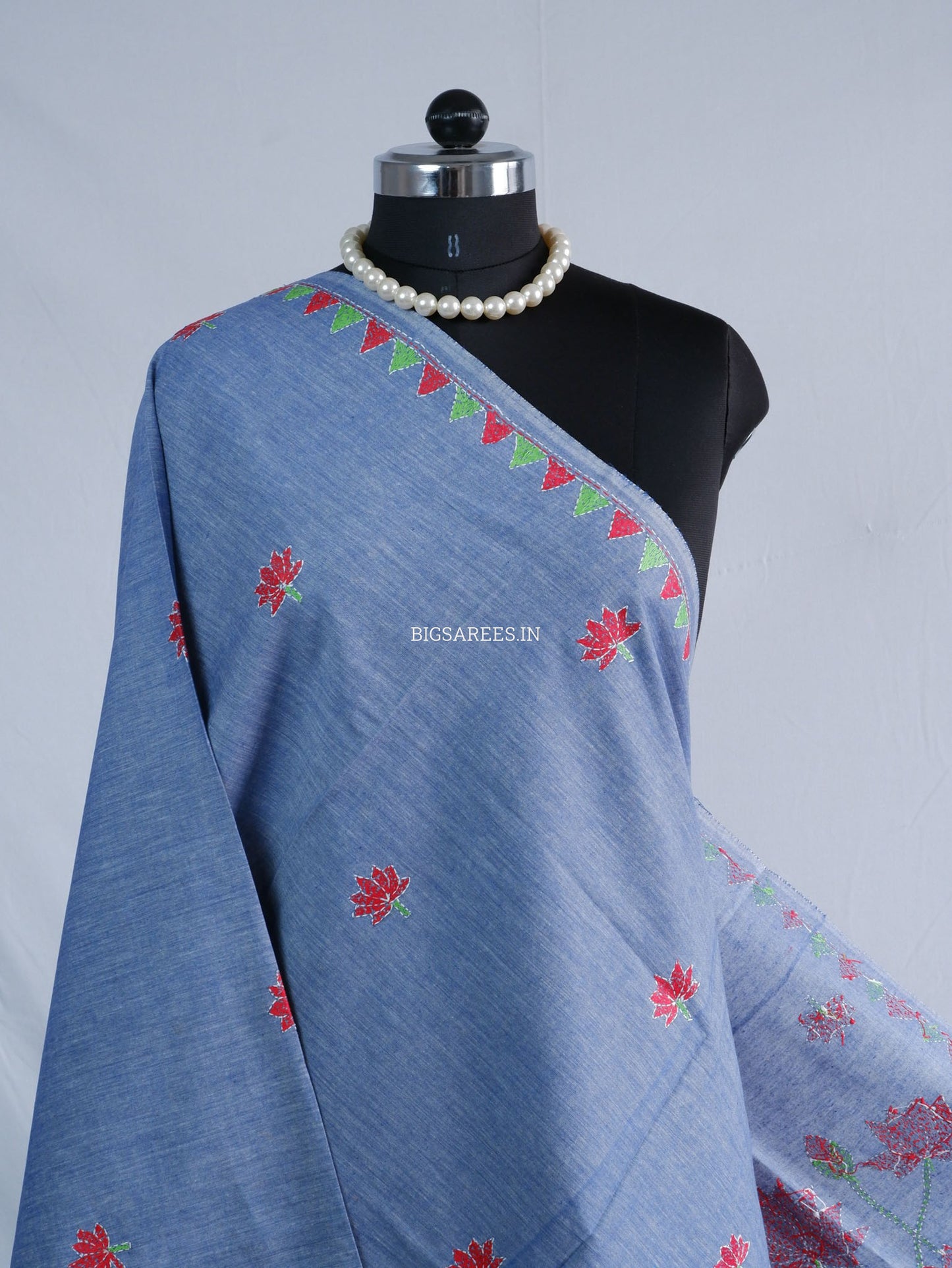 Hand-Embroidered Kantha Stitch Dupatta | Khadi Cotton | Light Denim Blue