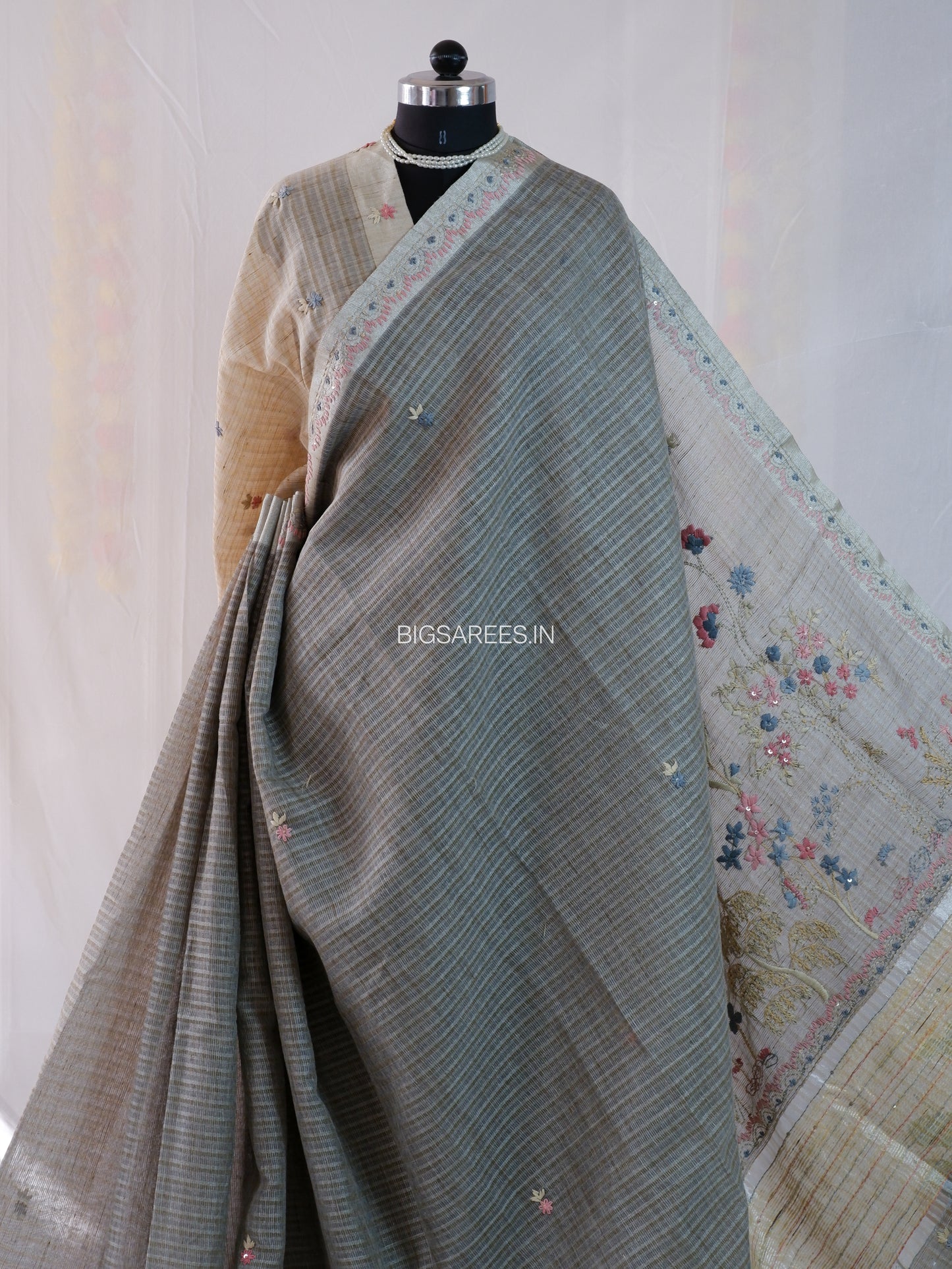 Bullion Knot Hand-Embroidered Saree | Kota Tissue | Double Thread Work | Grey