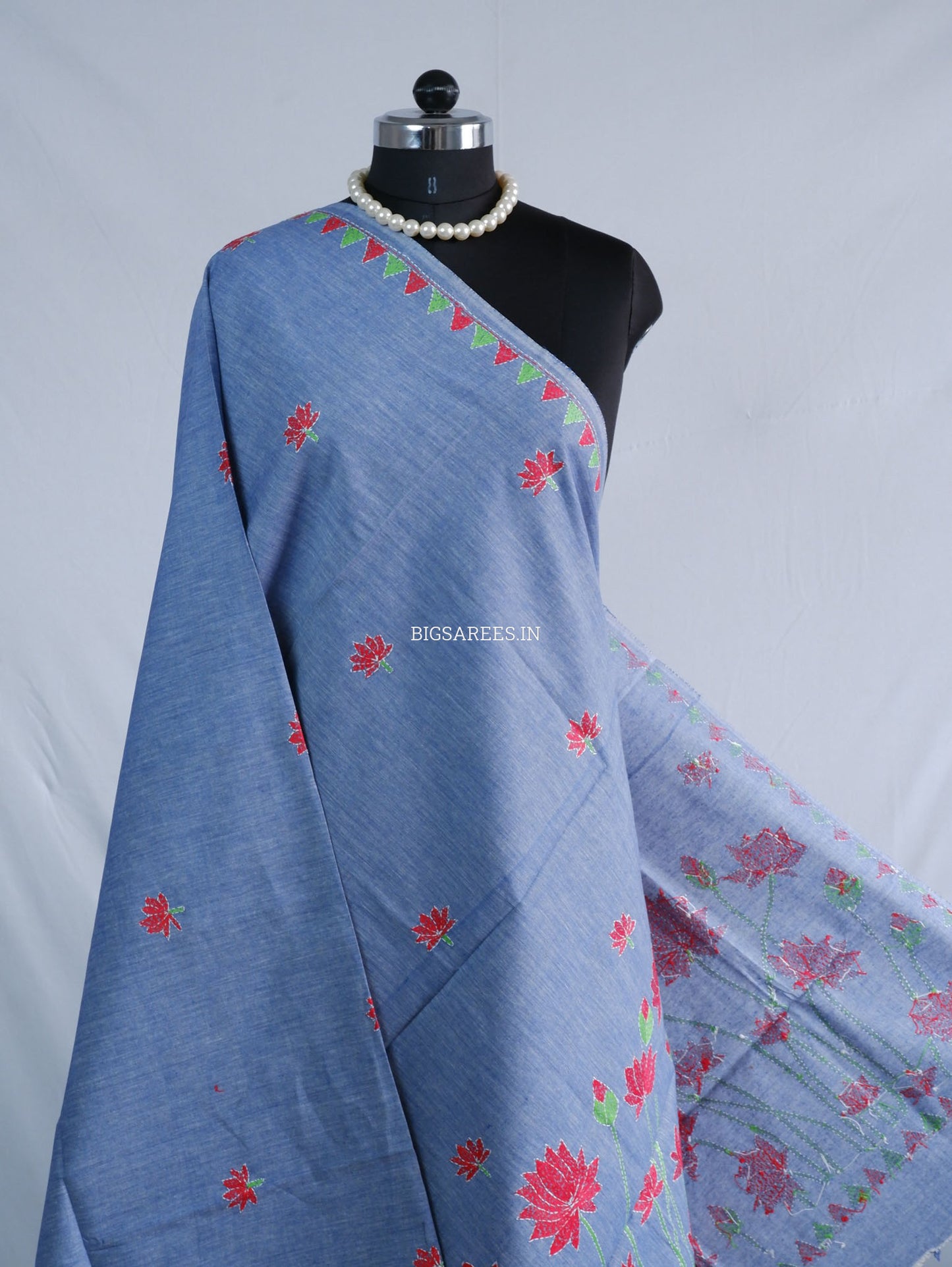 Hand-Embroidered Kantha Stitch Dupatta | Khadi Cotton | Light Denim Blue