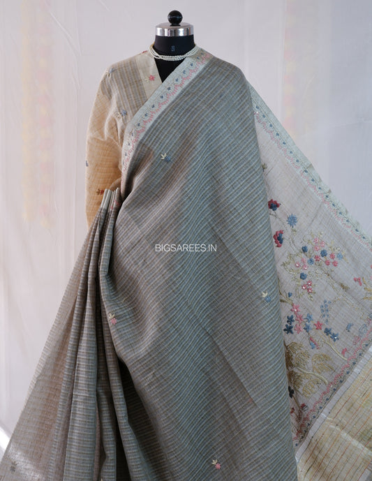 Bullion Knot Hand-Embroidered Saree | Kota Tissue | Double Thread Work | Grey