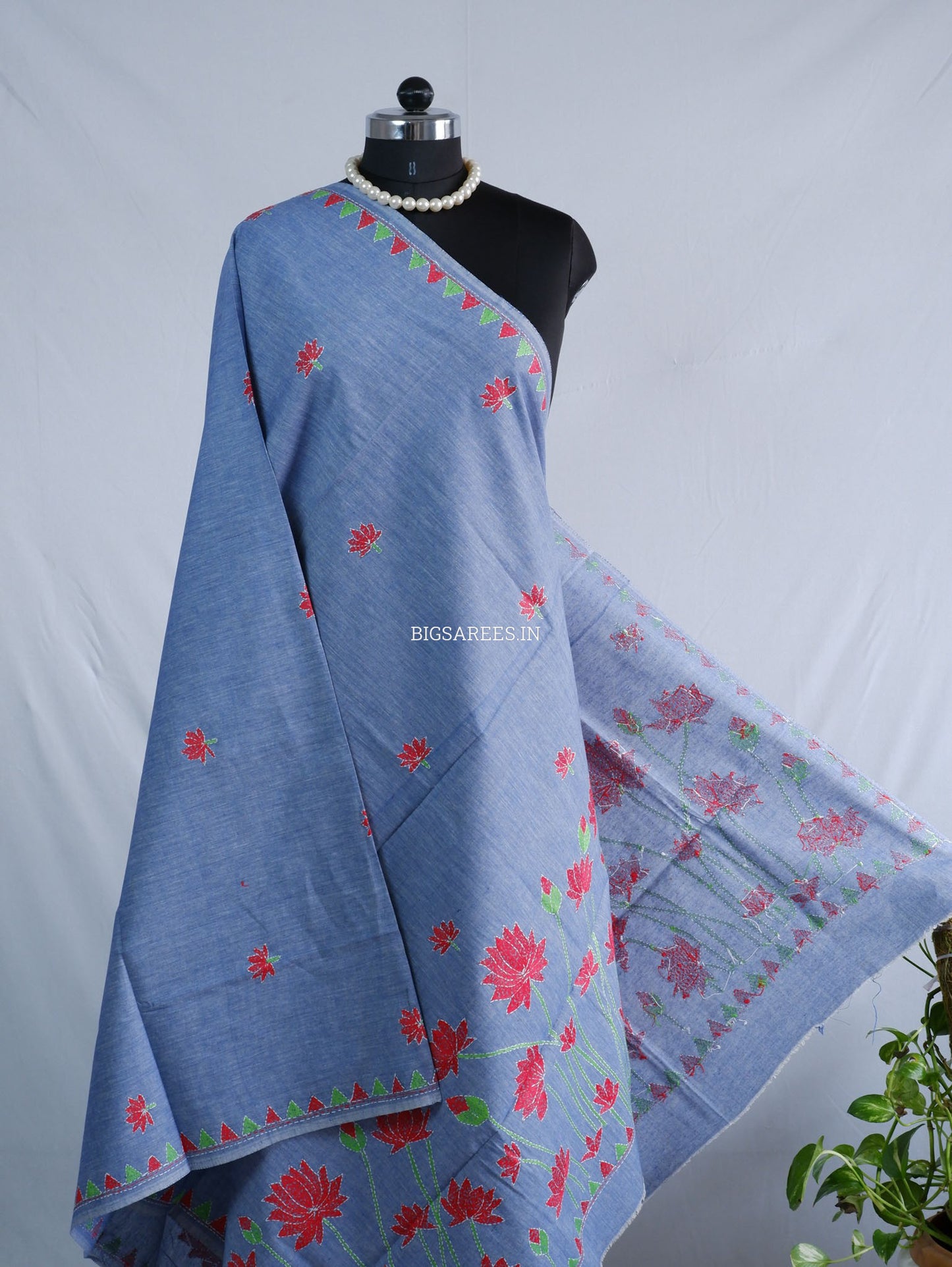 Hand-Embroidered Kantha Stitch Dupatta | Khadi Cotton | Light Denim Blue