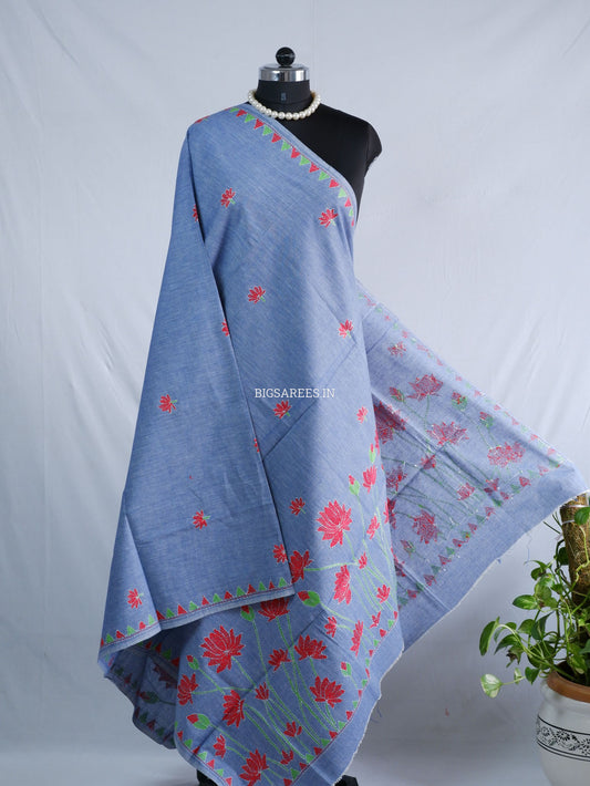 Hand-Embroidered Kantha Stitch Dupatta | Khadi Cotton | Light Denim Blue