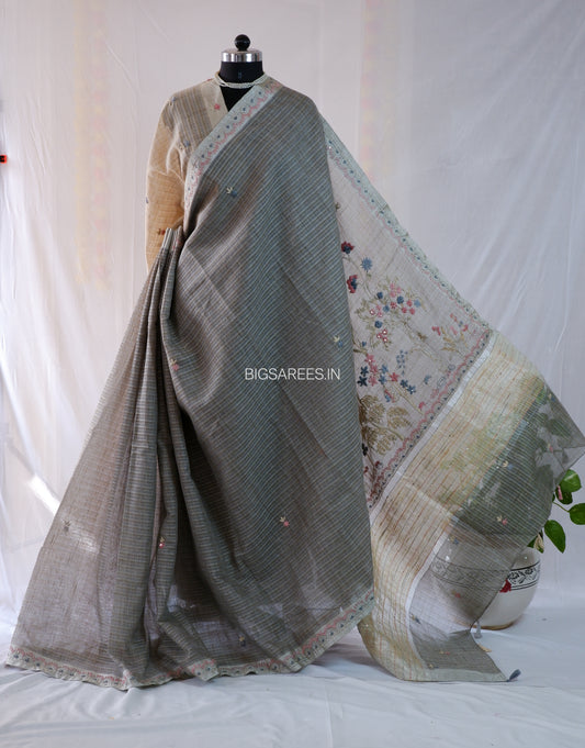 Bullion Knot Hand-Embroidered Saree | Kota Tissue | Double Thread Work | Grey