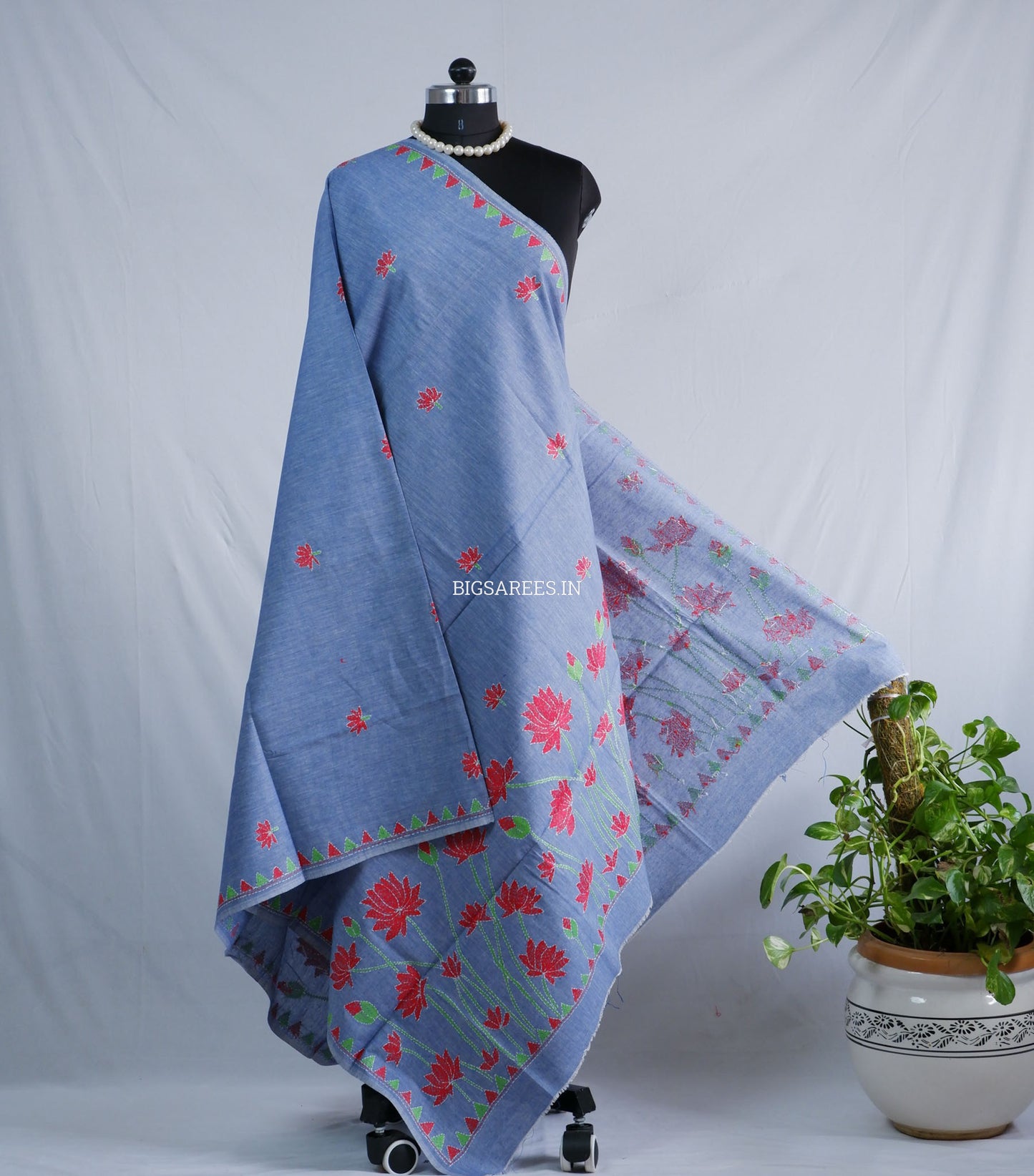 Hand-Embroidered Kantha Stitch Dupatta | Khadi Cotton | Light Denim Blue