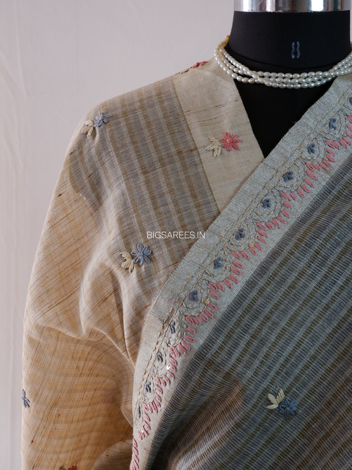 Bullion Knot Hand-Embroidered Saree | Kota Tissue | Double Thread Work | Grey