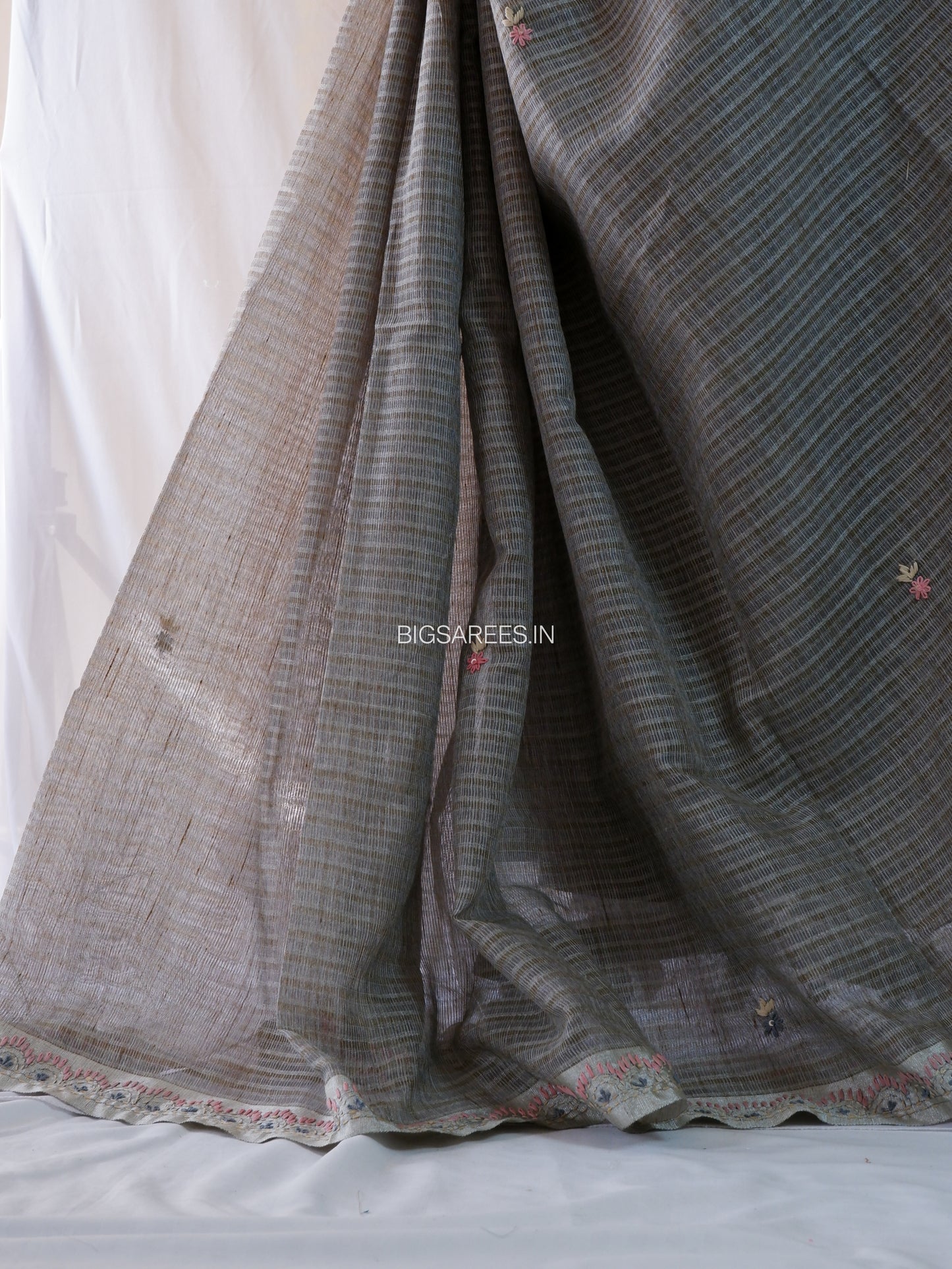 Bullion Knot Hand-Embroidered Saree | Kota Tissue | Double Thread Work | Grey
