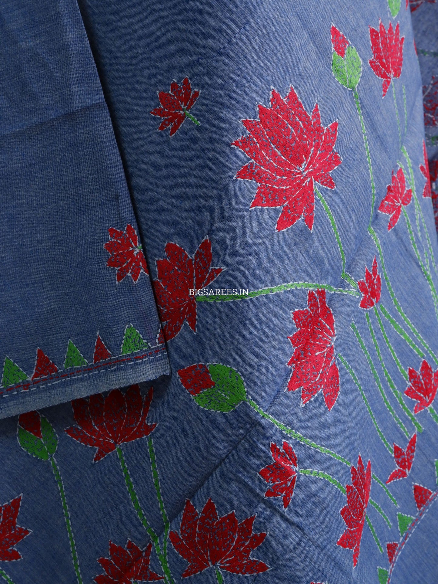 Hand-Embroidered Kantha Stitch Dupatta | Khadi Cotton | Light Denim Blue