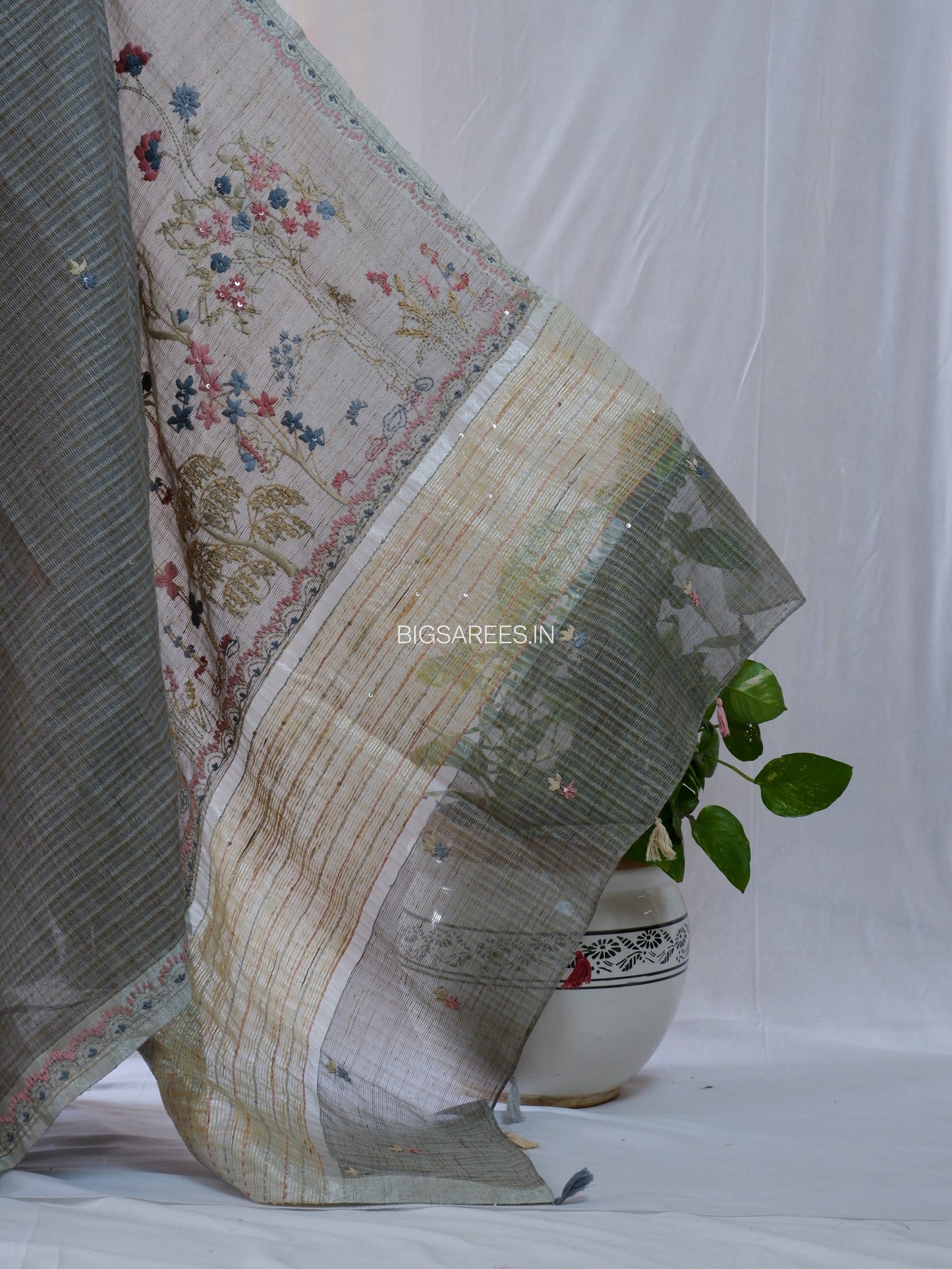 Bullion Knot Hand-Embroidered Saree | Kota Tissue | Double Thread Work | Grey