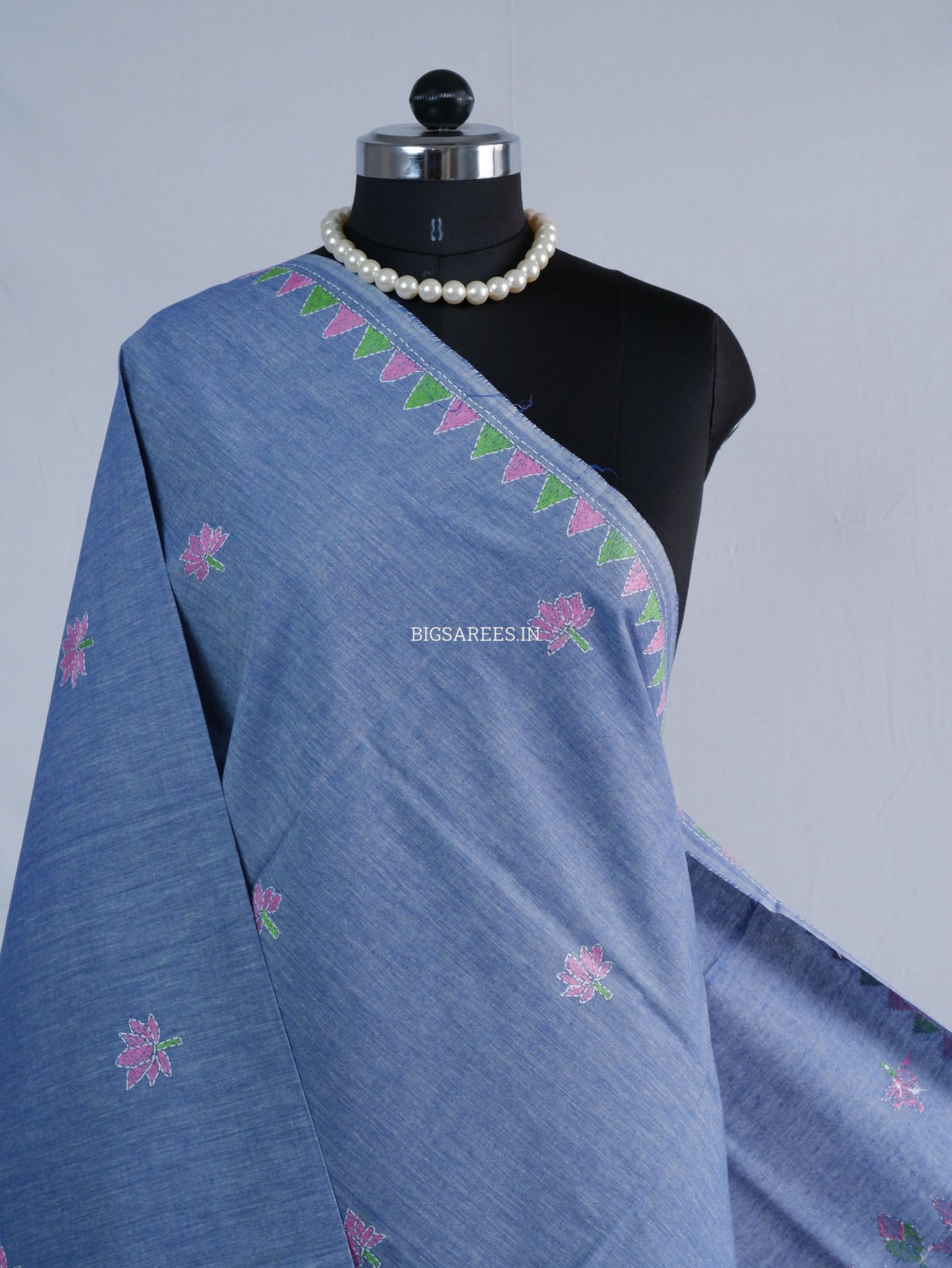 Hand-Embroidered Kantha Stitch Dupatta | Khadi Cotton | Light Denim Blue
