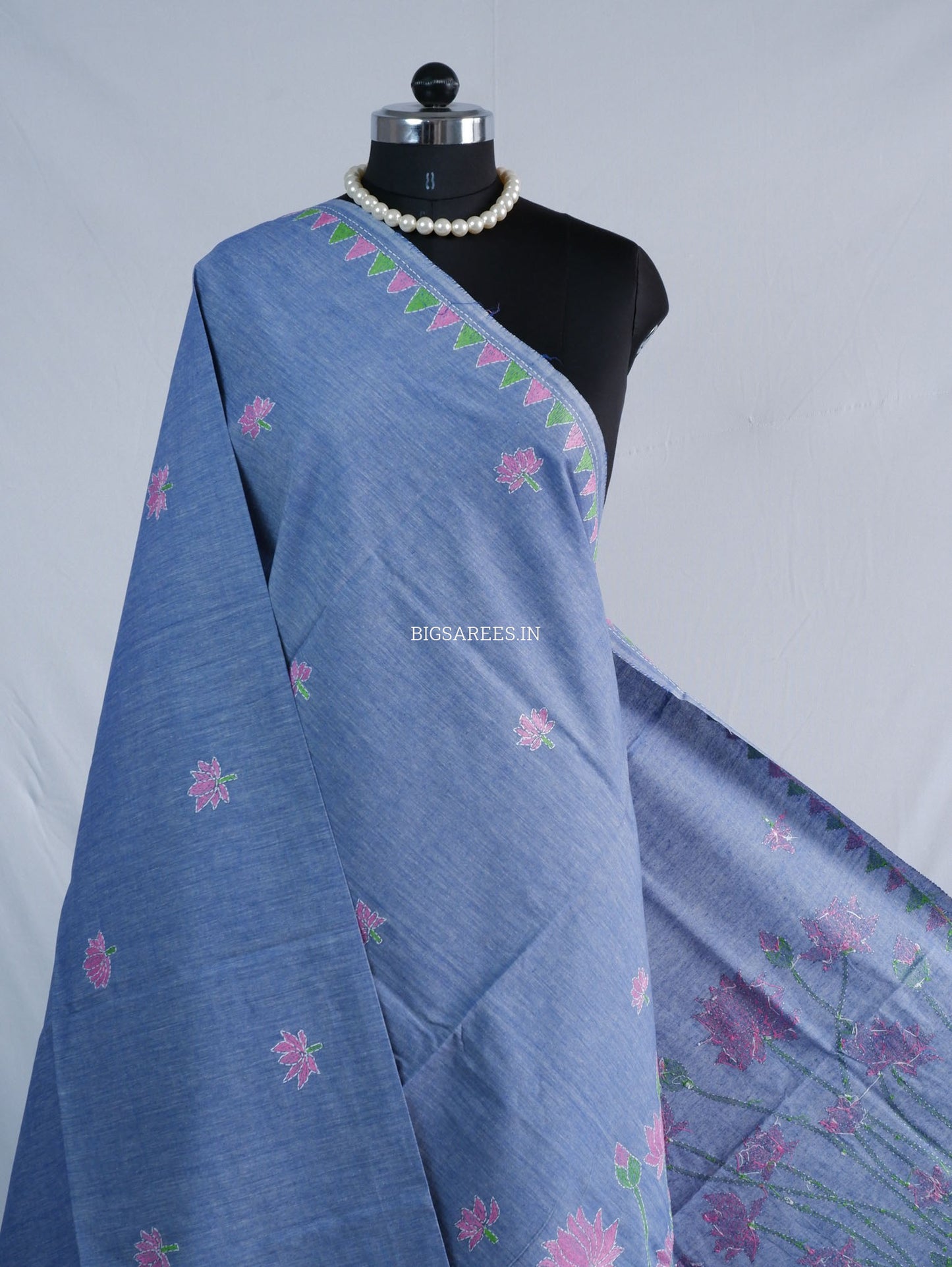 Hand-Embroidered Kantha Stitch Dupatta | Khadi Cotton | Light Denim Blue