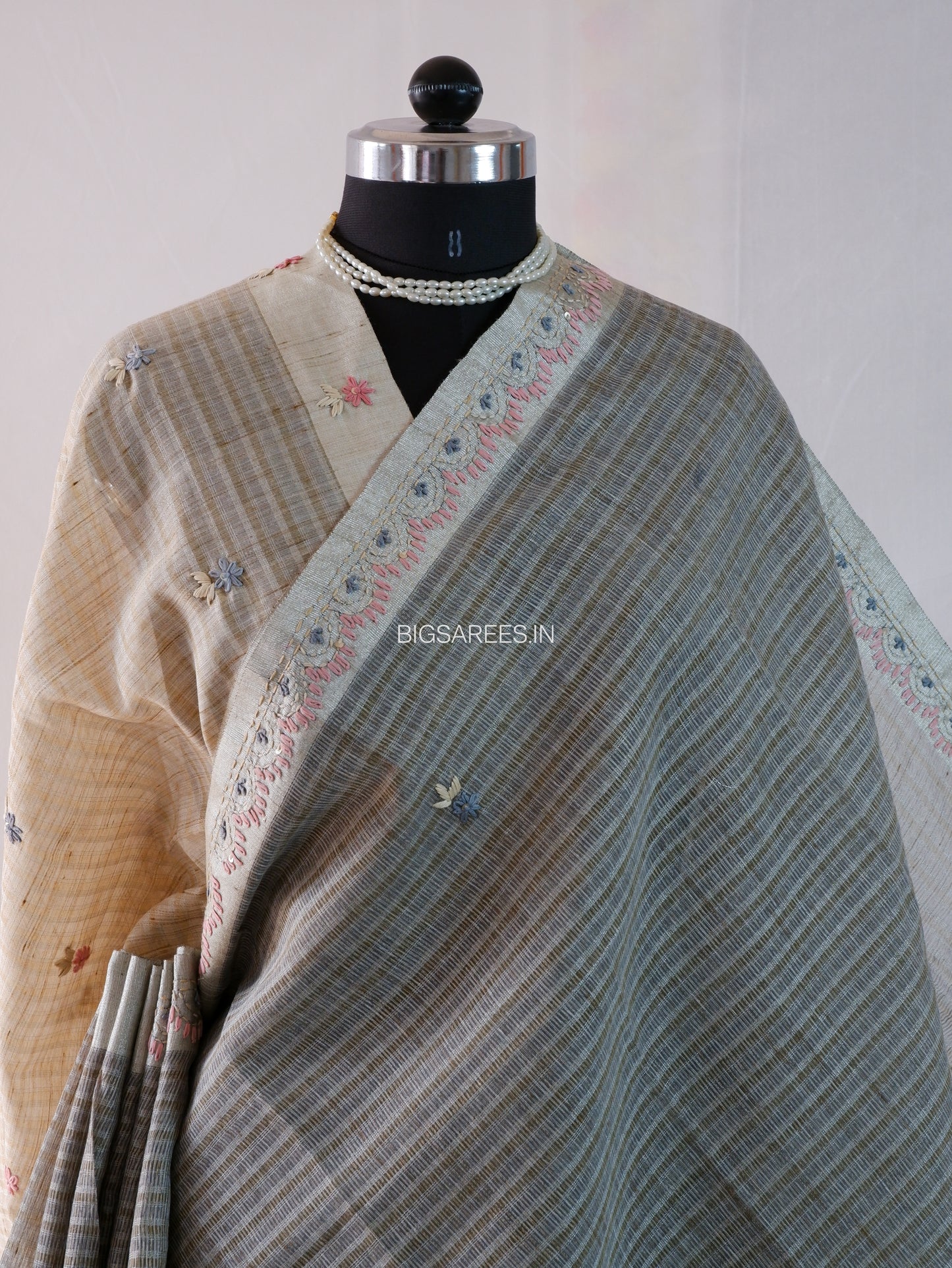 Bullion Knot Hand-Embroidered Saree | Kota Tissue | Double Thread Work | Grey