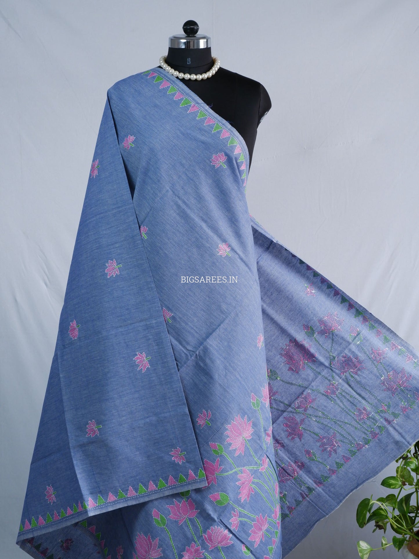 Hand-Embroidered Kantha Stitch Dupatta | Khadi Cotton | Light Denim Blue