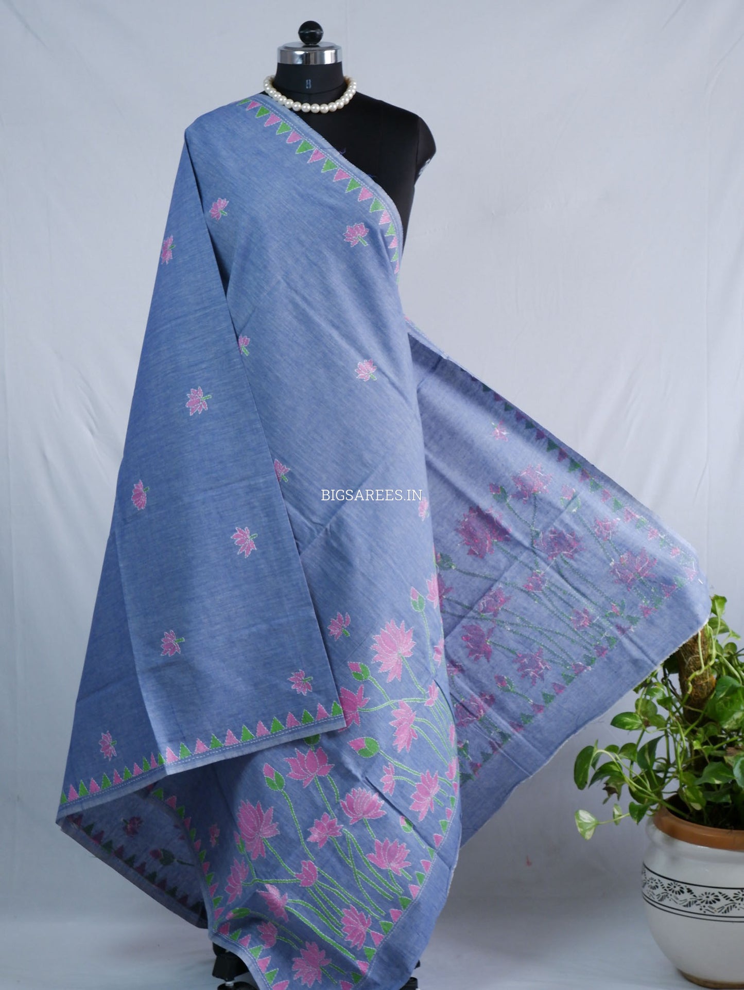 Hand-Embroidered Kantha Stitch Dupatta | Khadi Cotton | Light Denim Blue