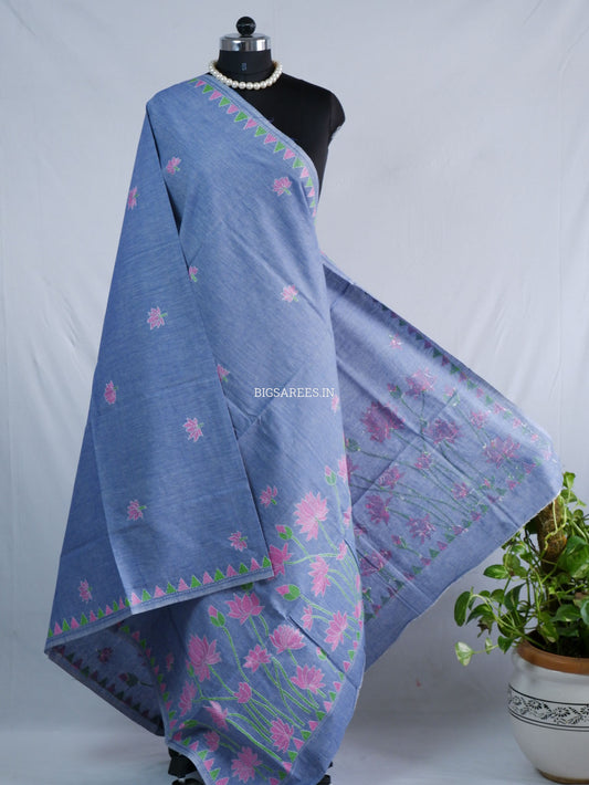 Hand-Embroidered Kantha Stitch Dupatta | Khadi Cotton | Light Denim Blue