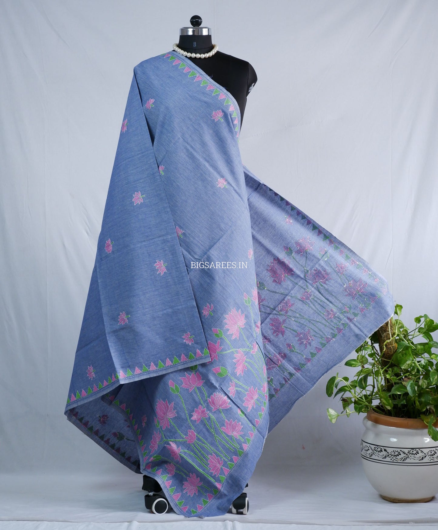 Hand-Embroidered Kantha Stitch Dupatta | Khadi Cotton | Light Denim Blue