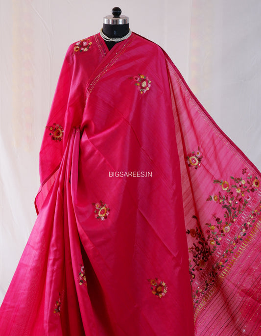 Bullion Knot Hand-Embroidered Saree | Semi Tassar | Rani Pink