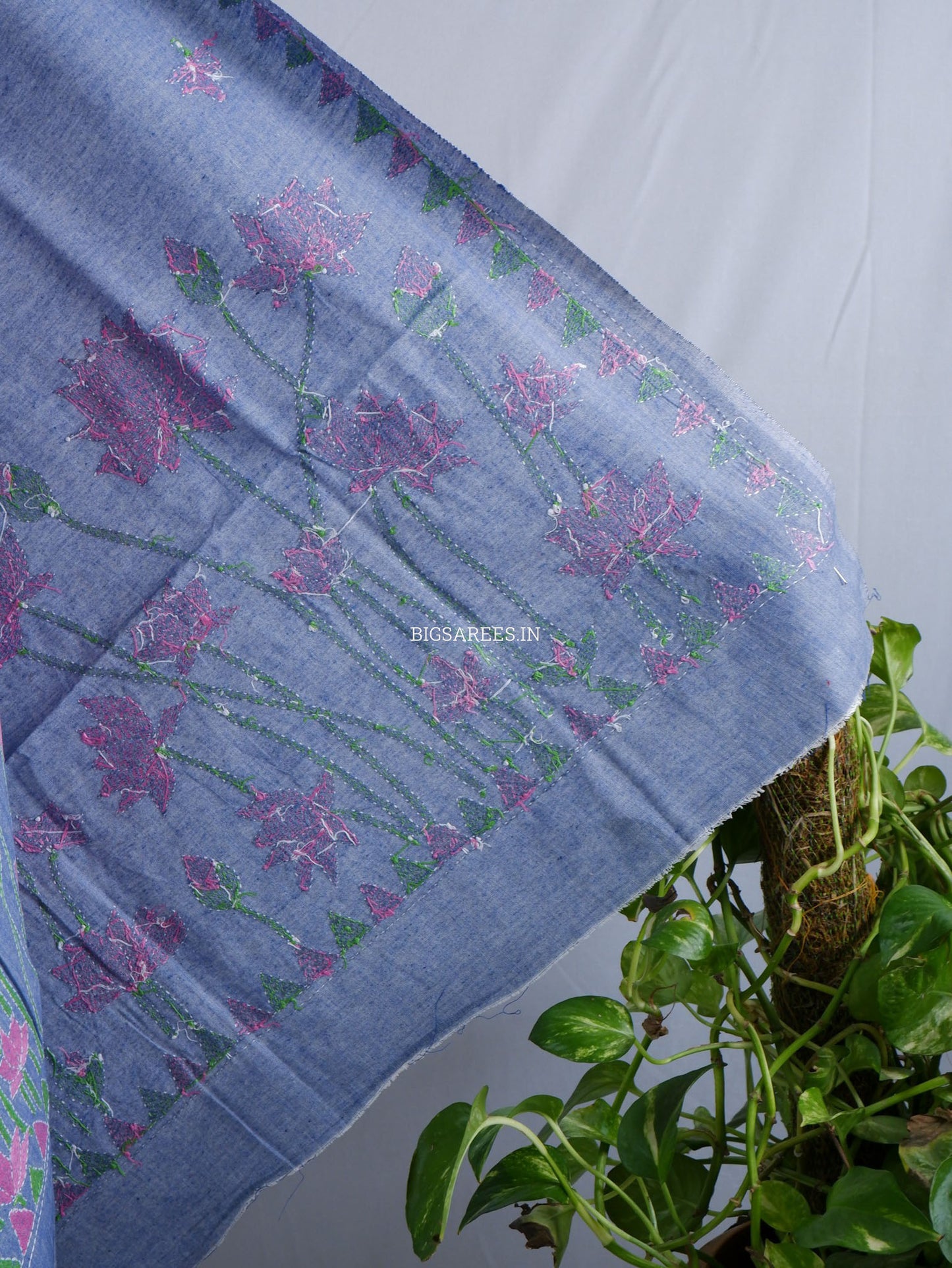 Hand-Embroidered Kantha Stitch Dupatta | Khadi Cotton | Light Denim Blue