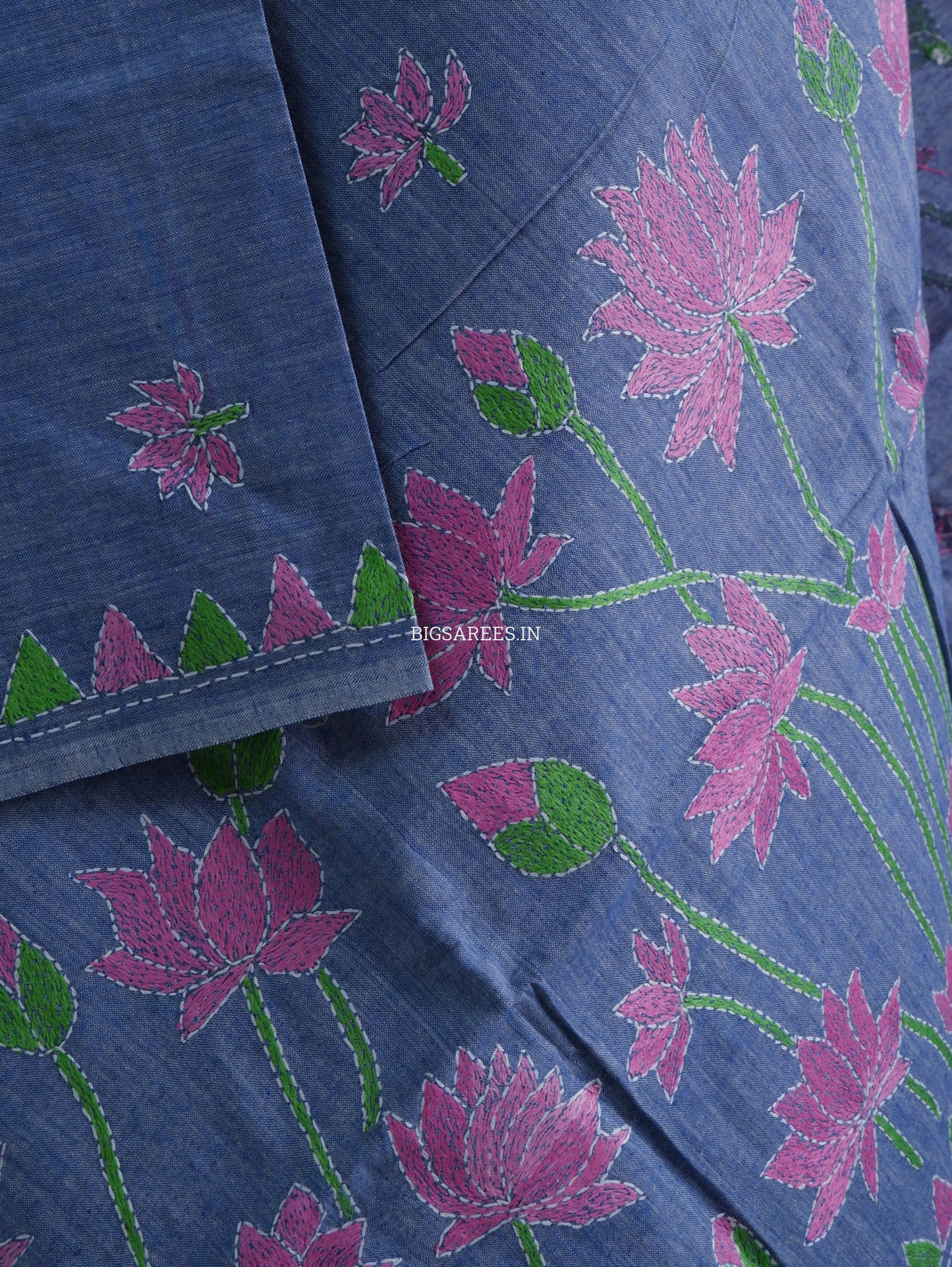 Hand-Embroidered Kantha Stitch Dupatta | Khadi Cotton | Light Denim Blue