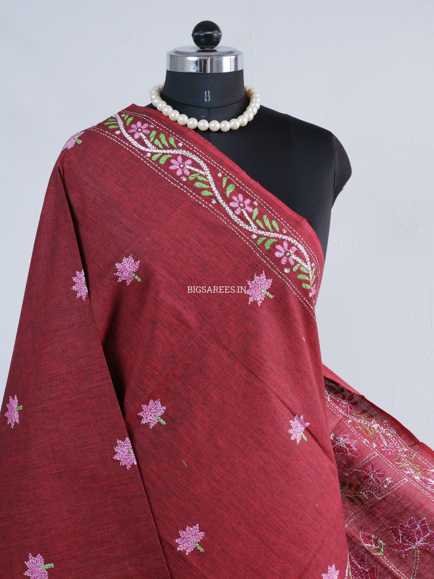 Hand-Embroidered Kantha Stitch Dupatta | Khadi Cotton | Maroon