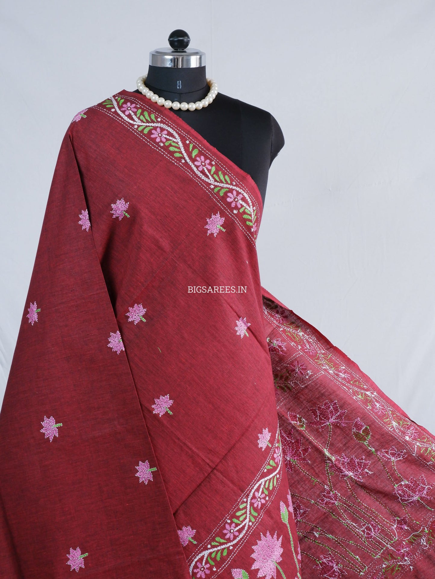 Hand-Embroidered Kantha Stitch Dupatta | Khadi Cotton | Maroon
