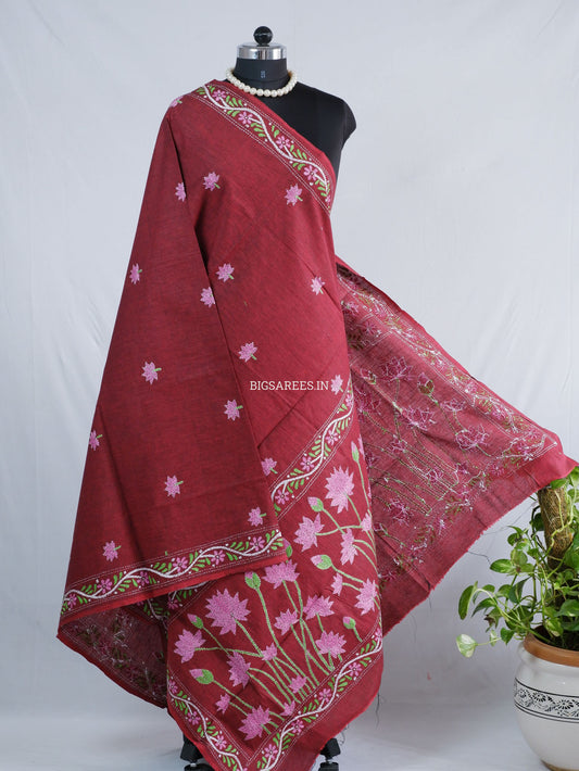 Hand-Embroidered Kantha Stitch Dupatta | Khadi Cotton | Maroon