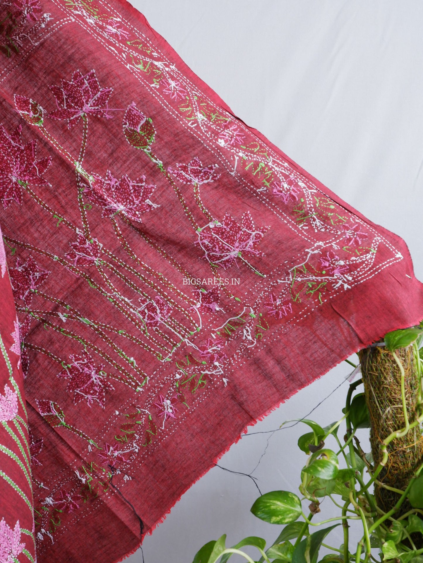 Hand-Embroidered Kantha Stitch Dupatta | Khadi Cotton | Maroon